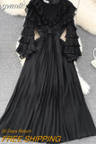 gwmlk Vintage Women Pleated Party Long Dress Elegant Round Neck Lantern Sleeve High Waist Ruffle Draped Maxi Vestidos Female