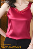 Gwmlk Women's Tops V-Neck Lace Vest Solid Sleeveless Satin Sexy Blouse Women 2023 Summer Fashion Women Clothing Basic Silk Womens Tops