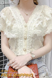 Gwmlk Lace Ruffle Stitching Blouse Women V-neck 2023 Summer New Short Sleeve Tops Crochet Mesh New Chiffon Shirt Blusas 14174