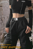 gwmlk Black T-shirts Gothic One Shoulder Sleeve Crop Tops Ruffles Hem Hip Hop Techwear Women Tees