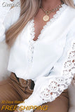 Gwmlk V-neck Long Lace Sleeve White Blouse Women Autumn 2023 Hollow Out Stitching Elegant Tops Vintage Lady Shirt Blusas 23338