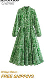 Gwmlk TRAF Summer Fashion Green Printed Women Casual Shirt Robe Dress With Belt Wrist Sleeve High Waist Female Midi Dress