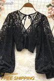 gwmlk Black/White/Brown Sexy Lace Blouse Women Elegant V-Neck Puff Long Sleeve Open Back Short Tops Female Party Blusas 2023