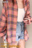 Gwmlk Y2K Harajuku Women Plaid Blouse Vintage Loose Single-Breasted Casual Shirts Woman Korean Streetwear Long Sleeve Shirt