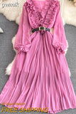 gwmlk Vintage Women Pleated Long Dress Red/Purple/Yellow V-Neck Ruffle Puff Sleeve Draped A-Line Vestidos Female New Fashion