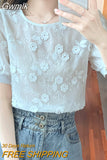 Gwmlk Embroidered Flower Blouse White Lace Chiffon Shirt Woman Short Sleeve Women 2023 Elegant Ladies Casual O Neck Tops 27012