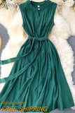 gwmlk Solid Green/Blue/Yellow Casual Dress Elegant Sleeveless Round Neck Sashes Dresses Vintage 2023 New Fashion Vestido Verano