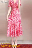 Gwmlk Pink Floral Summer Dress for Women Korean Printed Chiffon V-neck Long Dresses Female Elegant Ruffles A-Line Party Dress