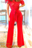 Gwmlk Women Slim Wide Leg Pants Overall Elegant Stitch Lace Solid Jumpsuit One Piece 2023 Commute Short Sleeve Lace-up Summer Romper