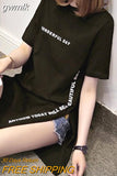 gwmlk DAY Print Long T shirts Summer Women Loose Slit Femme Tops Cotton Tshirt Short sleeve Ladies t-shirt