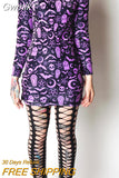 Gwmlk Goth Aesthetic Elegant High Necked Long Sleeved Bat Skull Print Dress Sexy Slim Mini Dress Fairy Grunge Halloween