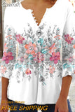 Gwmlk Floral Print Summer Blouse Women Elegant Simple Shirt V Neck Button 3/4 Length Sleeve Casual Holiday Basic Tops 27573