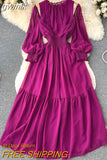 gwmlk Vintage Purple/Green/Orange Women Draped Long Dress Elegant Ruffle Collar Hollow Out High Waist A-Line Vestidos New