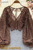 gwmlk Black/White/Brown Sexy Lace Blouse Women Elegant V-Neck Puff Long Sleeve Open Back Short Tops Female Party Blusas 2023