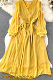 gwmlk Vintage Women Dress Elegant Orange/Red/Yellow V-Neck Lantern Sleeve High Waist Slim A-Line Vestidos Female New Fashion