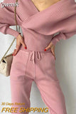 gwmlk New Sexy Off Shoulder Knitted Two Piece Set Women Long Sleeve Sport Tracksuit 2 Piece Sweater Pants Suits Matching Sets