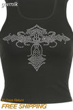 gwmlk y2k Rhinestone Tank Tops Women Black Knitted Mini Vest O Neck Sleeveless Punk Goth Black Sweats Women Casual Tee New