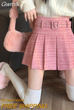 Gwmlk Korean Fashion with Belt Pleated Skirts Women All-Match Pink High Waist Mini Skirts 2023 New Street Plaid Skirts Woman