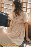 Gwmlk Stripe Women Dress O-ncek Short Sleeve Mid-calf Dresses Retro Female Loose Clothing Summer New Dress