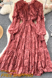 gwmlk Autumn Women Lace Midi Dress Vintage Round Neck Lantern Long Sleeve High Waist A-Line Elegant Party Robe New Fashion 2023