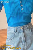 Gwmlk Turndown Collar Women Sweater T-Shirts Summer Ribbed Thin Knitted Tees Tops Woman Korean Button Up Cropped Pullover