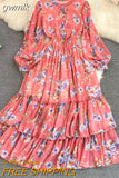 gwmlk Vintage Floral Chiffon Long Dress Elegant O-Neck Puff Sleeve High Waist A-Line Ruffle Hem Vacation Beach Maxi Vestidos