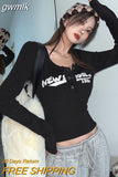 gwmlk Graffiti Print Elastic T Shirt Women Sexy Slim Crop Top Ribbed Long Sleeve O-neck Tops Grunge Tee Tops Korean