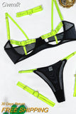 Gwmlk Lingerie Sexy Hollow Out 4-Piece Exotic Costumes Sensual See Through Setup For Woman Neon Green Porn Sissy Outfits