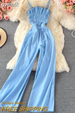 gwmlk Women Denim Romper Sexy Strapless Draped High Waist Jumpsuits Female Black/Blue Wide Leg Spaghetti Strap Rompers Fashion