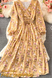 gwmlk Autumn Women Floral Chiffon Midi Dress Vintage V-Neck Flare Long Sleeve High Waist A-Line Vestidos Female New Fashion