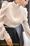 Gwmlk Autumn Korean Style Chiffon Shirt Chic Elegant Multi-layer Pleated Stand Collar Blouse Women Puff Sleeve Sunscreen Top 12945