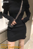 Gwmlk Women's Turtleneck Knitted Dress Fashion Slim Fit Puff Long Sleeve Mini Dresses Female Korean Elegant Bodycon Hip Dress