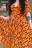 Gwmlk Orange Deep V-neck Fairy Grunge Dress Women Mall Gothic Aesthetics Elegant Bat Pattern Split Sexy Dress