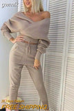 gwmlk New Sexy Off Shoulder Knitted Two Piece Set Women Long Sleeve Sport Tracksuit 2 Piece Sweater Pants Suits Matching Sets