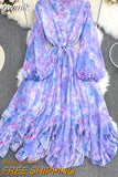 gwmlk Autumn Women Floral Irregular Ruffle Long Dress Bohemian Pink/Blue/Purple Stand Collar Puff Sleeve High Waist Vestidos