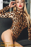 gwmlk Leopard Printed Bodycon Bodysuits Spring Women Long Sleeve Mock Neck Skinny Body Suit Shorts Jumpsuits