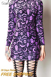 Gwmlk Goth Aesthetic Elegant High Necked Long Sleeved Bat Skull Print Dress Sexy Slim Mini Dress Fairy Grunge Halloween