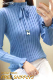 Gwmlk Autumn Winter Knitted Sweater Women 2023 Fashion Ruffles Neck Long Sleeve Knitwear Woman Korean Elastic Slim Pullover