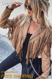 Gwmlk Women Y2k Fringed Hem Tassel Cardigan Crop Tops E-girl Motor Biker Jacket Suede Leather Jacket 90s Vintage Streetwear Coat Cool