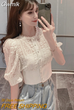 Gwmlk Blouse Women Korean Hollow Out Lace White Women Shirt 2023 New Short Sleeve Button Loose Shirts Solid Female Tops 13607