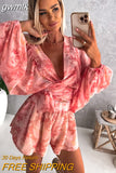 gwmlk Deep V Neck Jumpsuit For Women Summer Casual Boho Beach Vacation Outfit Female Fashion Print Lantern Sleeve Rompers Shorts