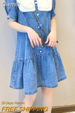 Gwmlk Dresses Women Japanese Style Peter Pan Collar Solid Washed Doll Collar Denim Dress