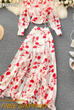 gwmlk Chiffon Two Piece Set Women Autumn Bohemian Vacation Beach Short Tops And Ruffle Irregular Long Skirt Female Print Suit New