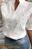 Gwmlk Floral Embroidery Lace Blouse Women Hollow-out Stand Collar V Neck Casual Shirt Elegant Short Sleeve Cotton Tops 24350