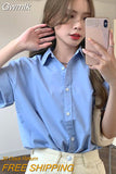 Gwmlk Simple Basic Solid Color Shirt Women Summer Lapel Single Breasted Short Sleeve Blouse Ladies Korean Loose Commute Tops