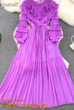 gwmlk Vintage Women Pleated Party Long Dress Elegant Round Neck Lantern Sleeve High Waist Ruffle Draped Maxi Vestidos Female