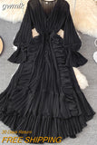 gwmlk Autumn New Holiday Style Ankle Length Long Dresses Women Sexy V Neck Puff Sleeve Lace Elegant Evening Party Summer Dress