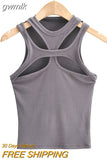 gwmlk New Asymmetrical Hollow Solid Color Knitted Round Neck Short-sleeved Summer Sexy Vest on The Chest