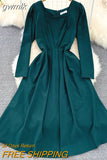 gwmlk Vintage Women Square Collar Midi Dress Elegant Green/Pink/Red High Waist Slim Draped Big Swing Vestidos Female Robe New