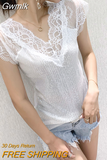 Gwmlk Summer Sexy Lace Women Blouse New V Neck Glitter Sequin Gauze Patchwork Tops Elegant Short Sleeve Slim Black T-shirt 14652